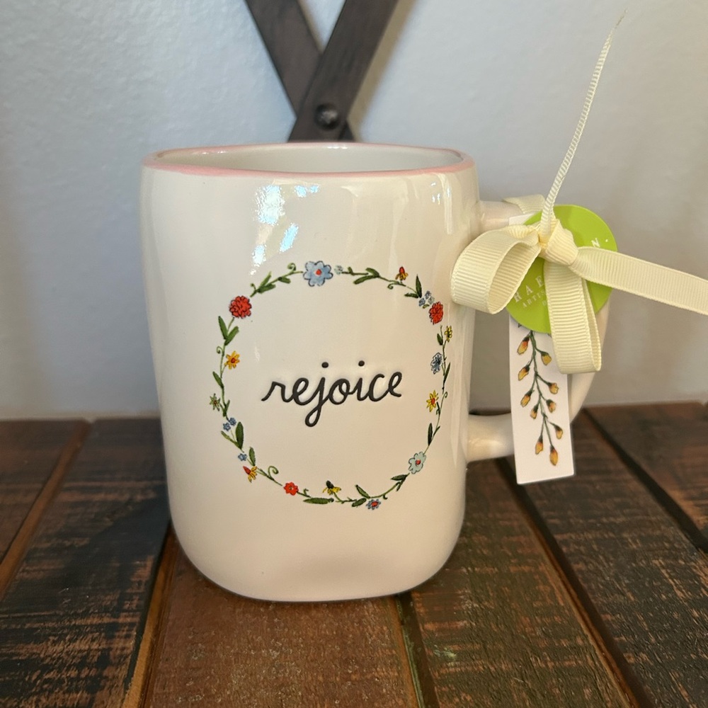 Rae Dunn REJOICE Floral Mug Spring Easter Shabby Chic Farmhouse Flowers NEW